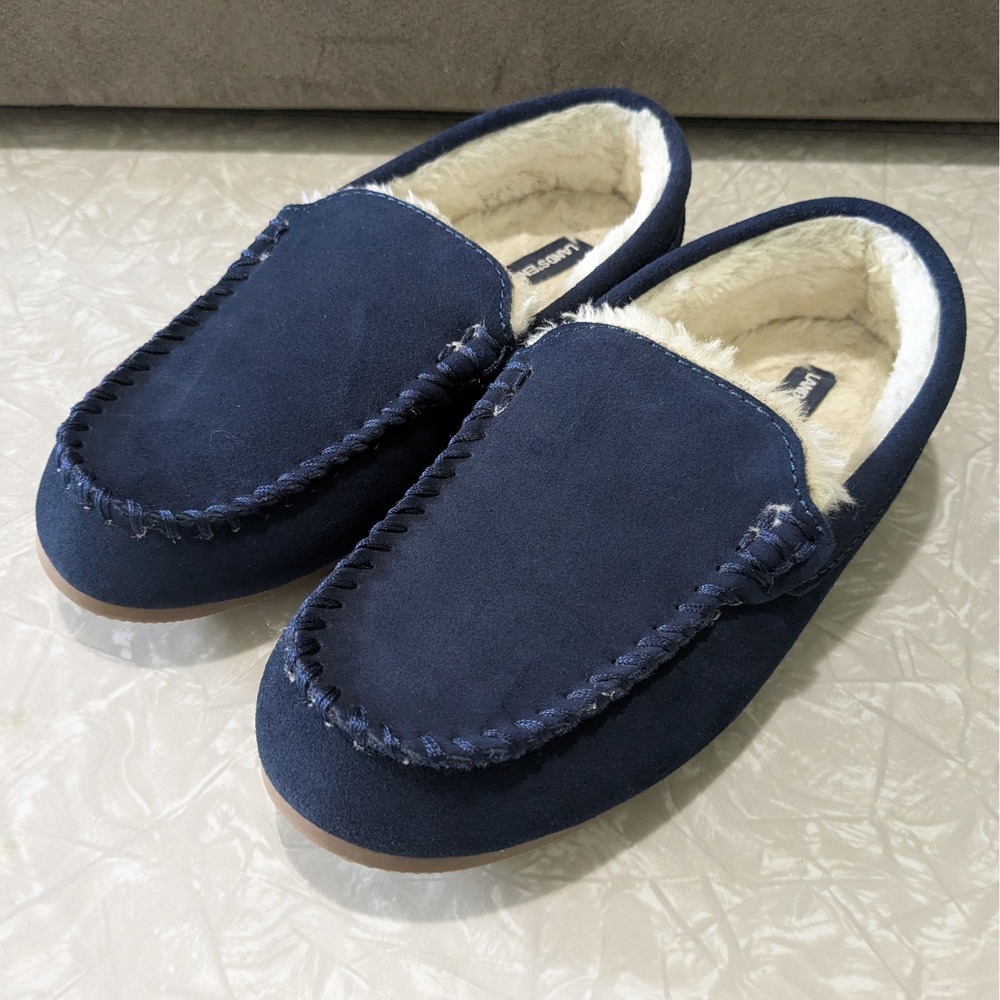 Lands End Womens Navy Blue Suede Moccasin Slippers Faux Fur Lined Size 8